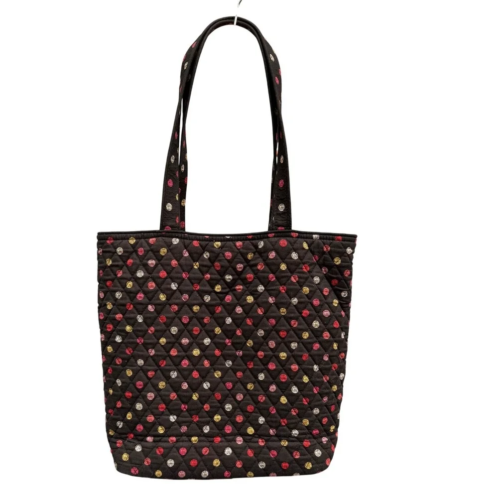 Vera Bradley Quilted Cotton Tote Bag Black Polka Dot Red Floral Interior Large